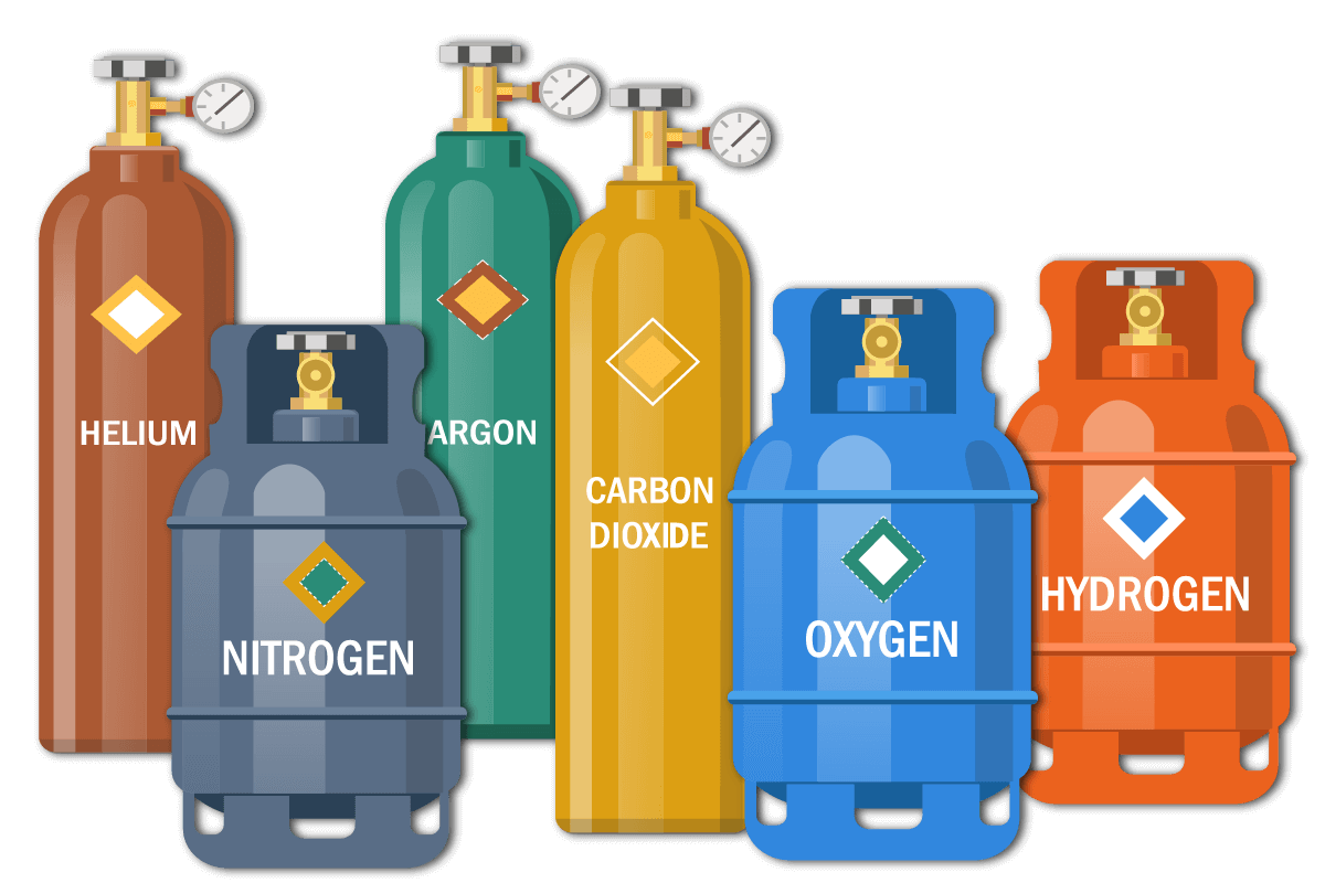 Cylinders of helium, nitrogen, argon, carbon dioxide, oxygen, and hydrogen gases