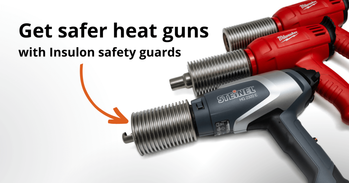 Arrow pointing to the Insulon safety guard attached to the heat gun