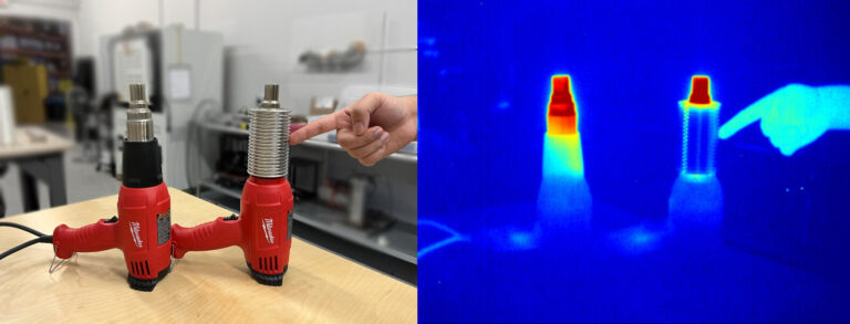 Thermal image comparing the touch temperature of a Milwaukee heat gun with and without an Insulon safety guard