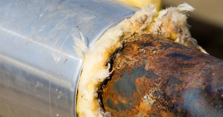Rusted pipe with aluminum jacket damaged by corrosion under insulation (CUI)