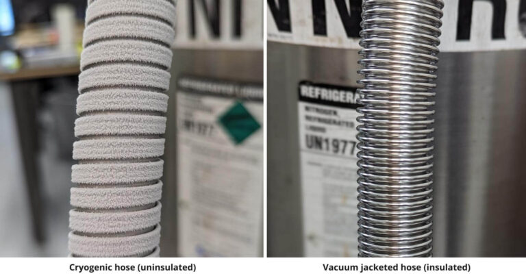 Comparing a cryogenic hose covered in frost and condensation to a vacuum jacketed hoses that is clean and dry