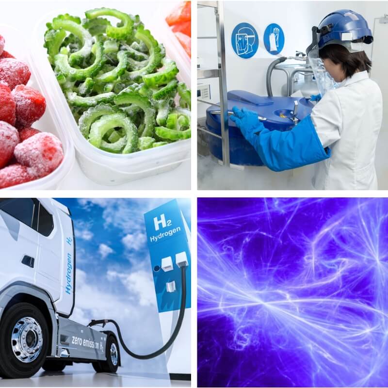 Collage of cryogenic applications including food manufacturing, laboratories, hydrogen infrastructure, and lasers